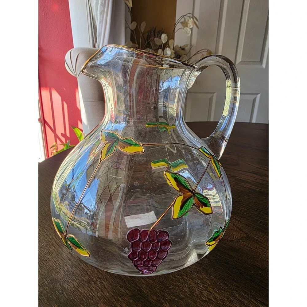 Hand-Painted Glass Pitcher With Grapes & Leaves Design made in Romania
